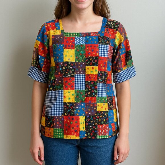 design house Tops - Vintage 1970s Design House Novelty Print Smock Top Blouse // Yellow Green Orange